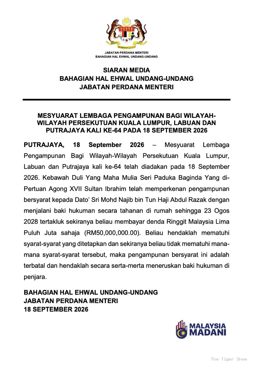 Najib dapat pengampunan bersyarat, tahanan rumah hingga 23 Ogos 2028