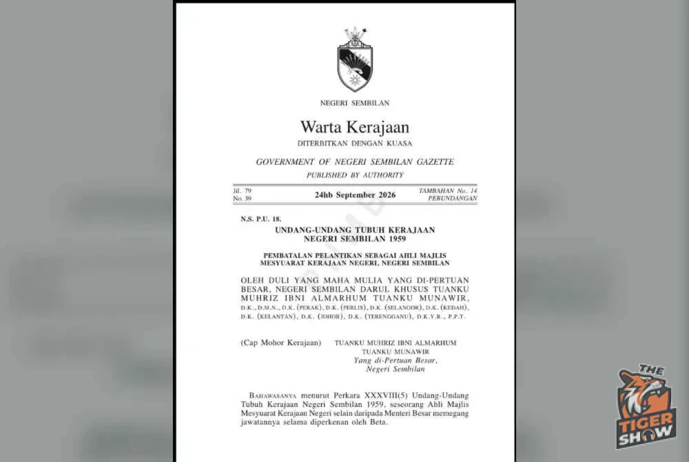 Pembatalan pelantikan 10 Exco Negeri Sembilan diwartakan, berkuat kuasa 20 September